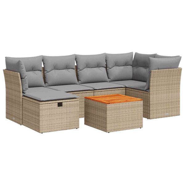 vidaXL 7-tlg. Garten-Sofagarnitur mit Kissen Beige Poly Rattan