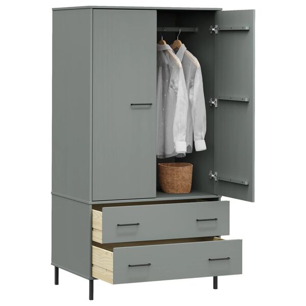 vidaXL Kleiderschrank OSLO Metallbeine Grau 90x55x172,5cm Massivholz