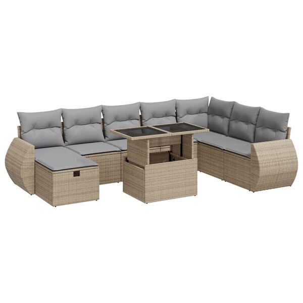 vidaXL 9-tlg. Garten-Sofagarnitur mit Kissen Beige Poly Rattan