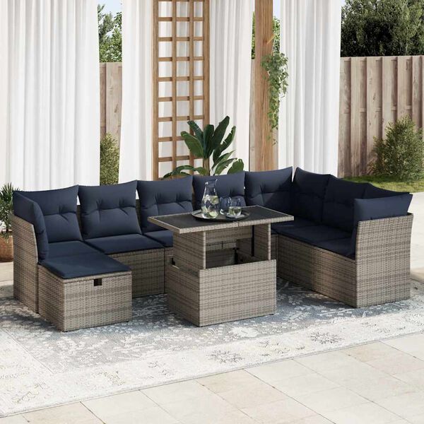 vidaXL 9-tlg. Garten-Sofagarnitur mit Kissen Grau Poly Rattan Akazie