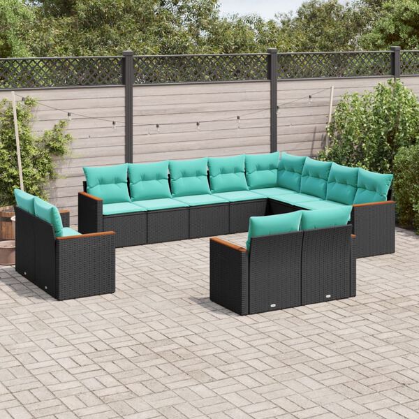 vidaXL 12-teiliges Gartensofa-Set mit Kissen, schwarzes Polyrattan