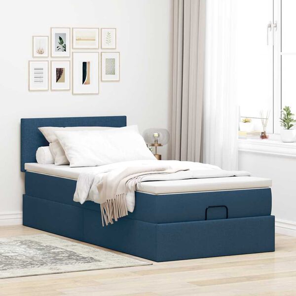 vidaXL Ottoman-Bett mit Matratze & LEDs Blau 90x190 cm Stoff