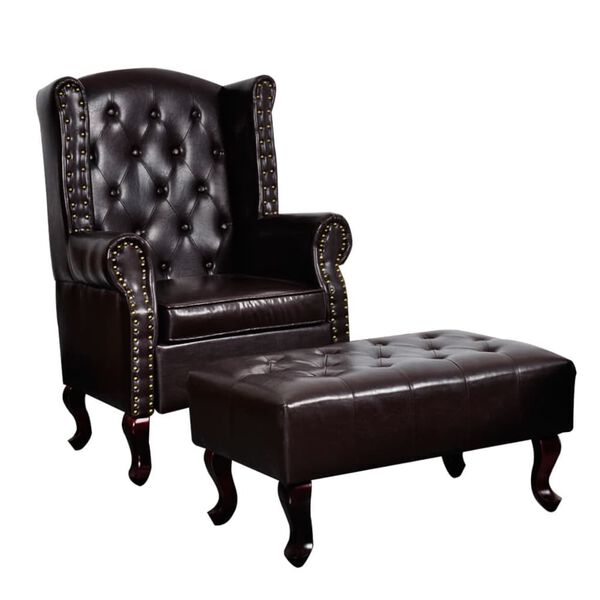Chesterfield Ohrensessel mit Hocker braun