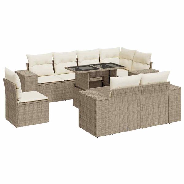 vidaXL 9-tlg. Garten-Sofagarnitur mit Kissen Beige Poly Rattan