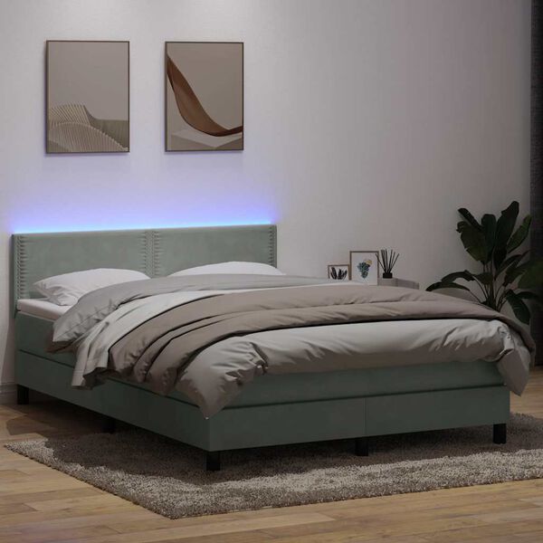vidaXL Boxspringbett mit Matratze & LED Hellgrau 160x220 cm Samt