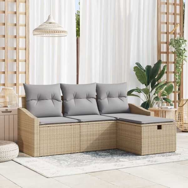 vidaXL Sofa Set mit Kissen mit Speicher 4 pcs Beige Poly-Rattan