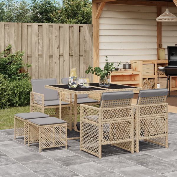 vidaXL 9-tlg. Garten-Essgruppe mit Kissen Beige Poly Rattan