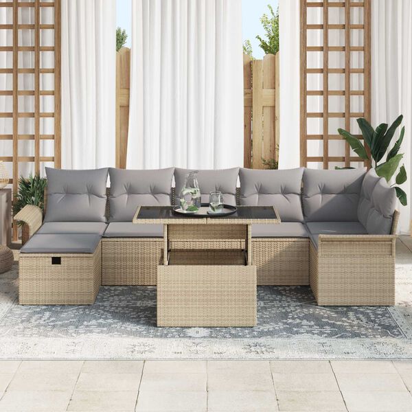 vidaXL Garten-Sofa-Set mit Kissen mit Speicher 8 pcs Beige Poly Rattan