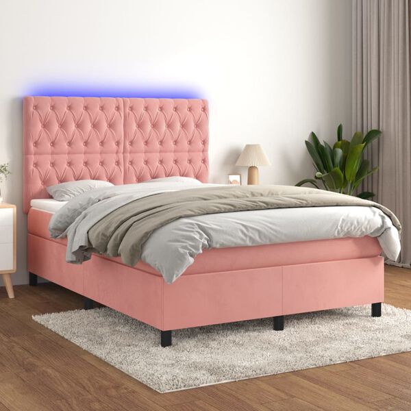 vidaXL Boxspringbett mit Matratze & LED Rosa 140x200 cm Samt