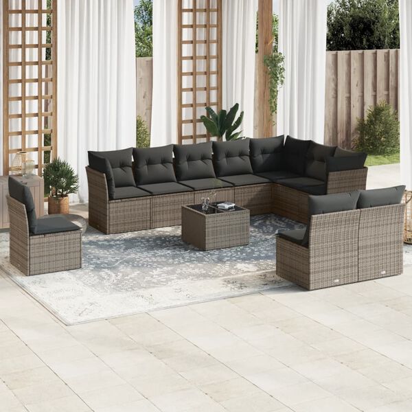 vidaXL 11-tlg. Garten-Sofagarnitur mit Kissen Grau Poly Rattan