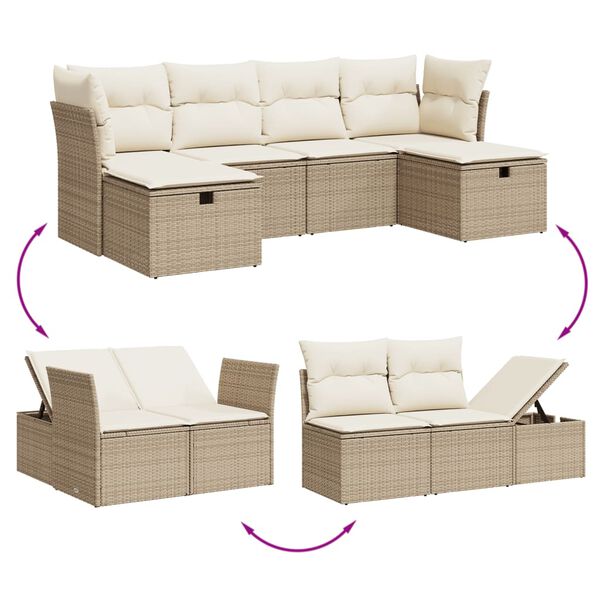 vidaXL 6-tlg. Garten-Sofagarnitur mit Kissen Beige Poly Rattan