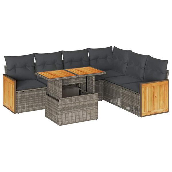 vidaXL 7-tlg. Garten-Sofagarnitur mit Kissen Grau Poly Rattan Akazie