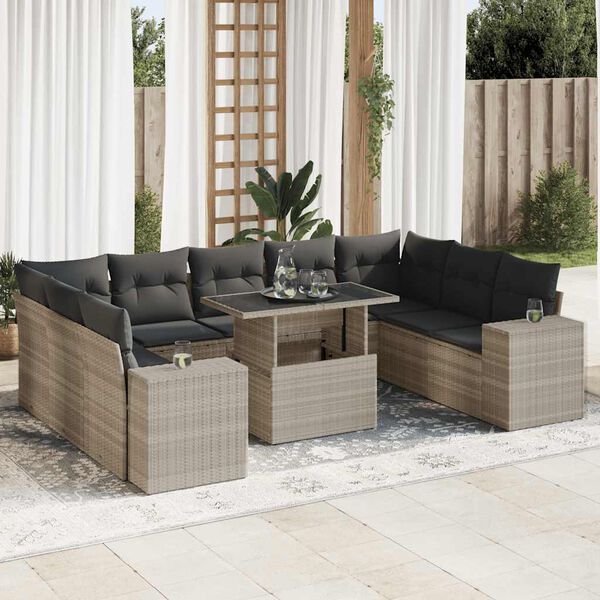 vidaXL 10-tlg. Garten-Sofagarnitur mit Kissen Hellgrau Poly Rattan