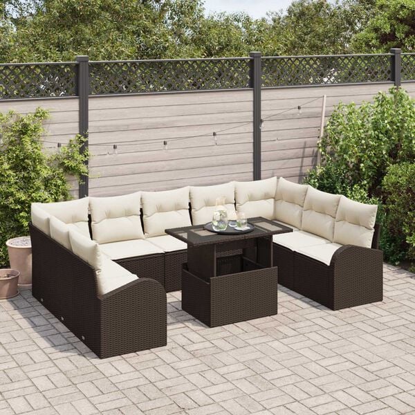 vidaXL Gartensofa-set mit Kissen mit Speicher 10 pcs Braun Poly Rattan