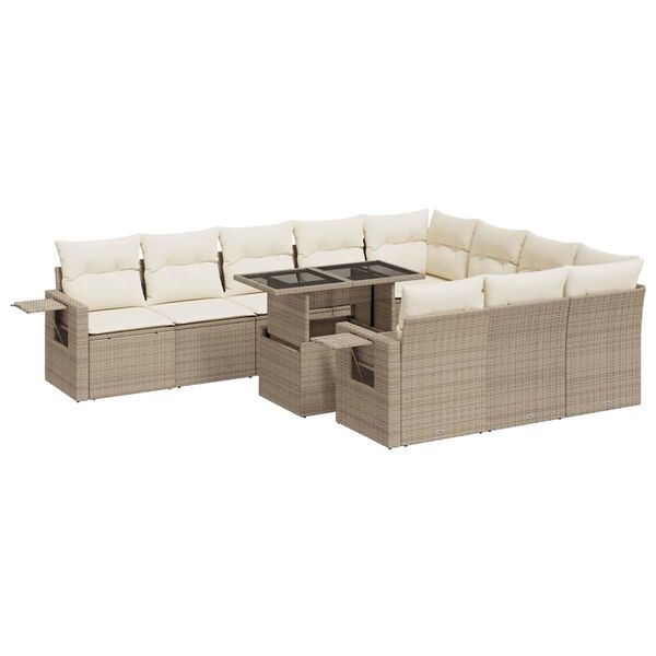vidaXL 11-tlg. Garten-Sofagarnitur mit Kissen Beige Poly Rattan