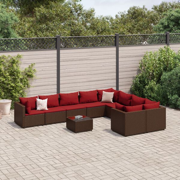 vidaXL 10-tlg. Garten-Sofagarnitur mit Kissen Braun Poly Rattan
