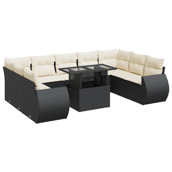 vidaXL 10-tlg. Garten-Sofagarnitur mit Kissen Schwarz Poly Rattan