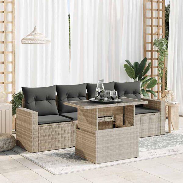 vidaXL 5-tlg. Garten-Sofagarnitur mit Kissen Hellgrau Poly Rattan