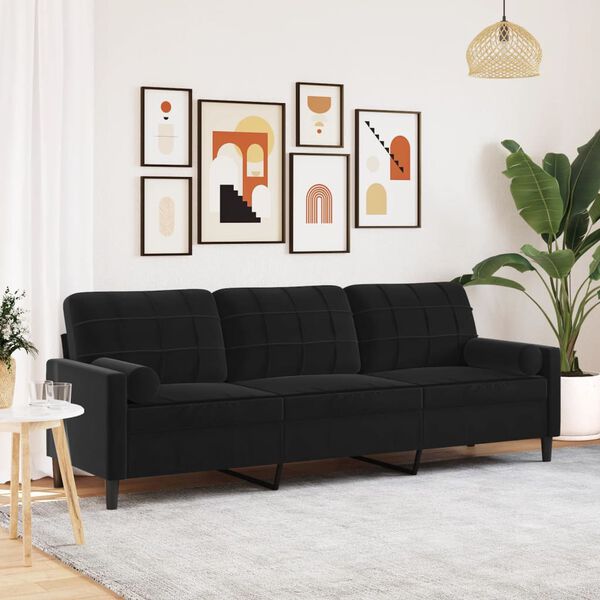 vidaXL Sofa 3-Sitzer mit Zierkissen Schwarz 210 cm Samt