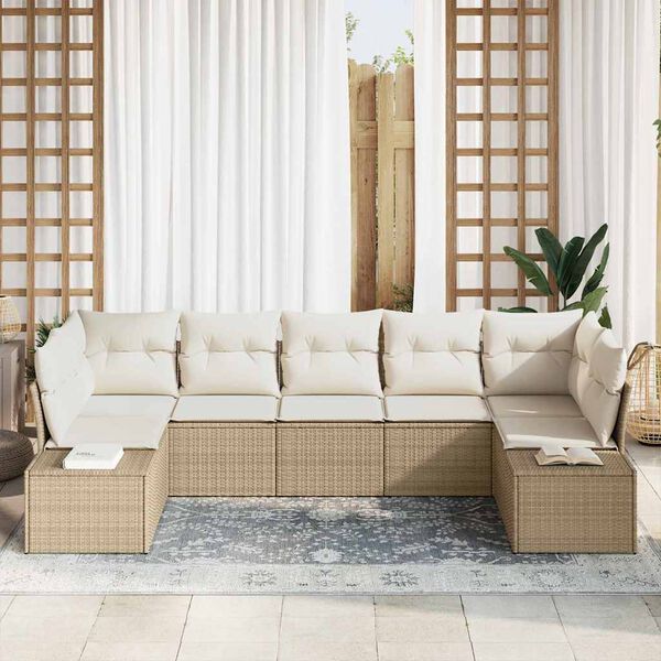 vidaXL Gartensofa-set mit Speicher 7 pcs Beige und Creme Poly Rattan