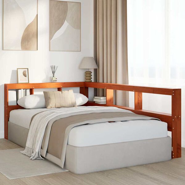 vidaXL Kopfteil mit B&uuml;cherregal L-Form Wachsbraun 120 cm Massivholz