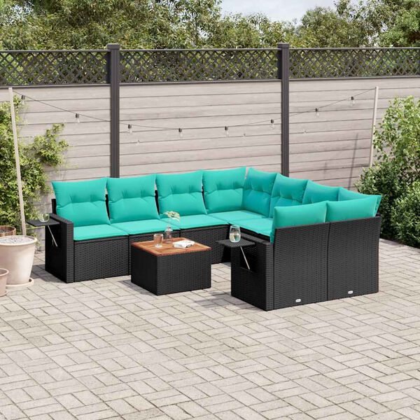 vidaXL 9-teiliges Gartensofa-Set mit Kissen, schwarzes Polyrattan
