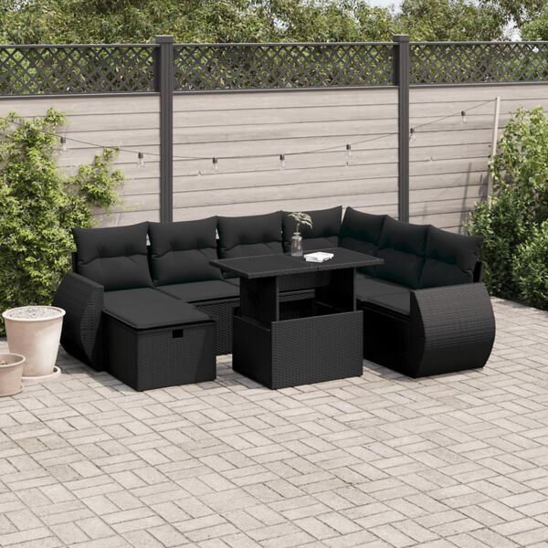 vidaXL 8-tlg. Garten-Sofagarnitur mit Kissen Schwarz Poly Rattan