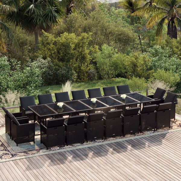 vidaXL 19-tlg. Garten-Essgruppe mit Kissen Poly Rattan Schwarz
