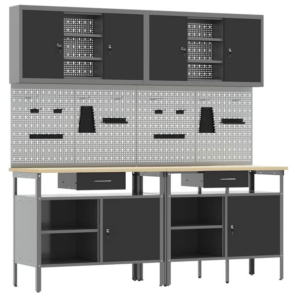 vidaXL Werkbank-Set mit Regal 8 pcs Schwarz 200 x 55 x 200 cm Stahl