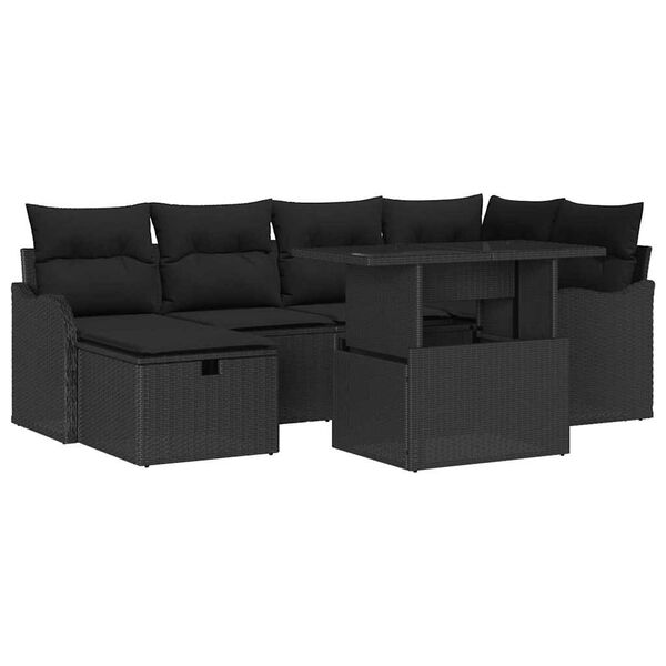 vidaXL Garten-Sofa-Set mit Kissen 7 pcs Schwarz Poly Rattan