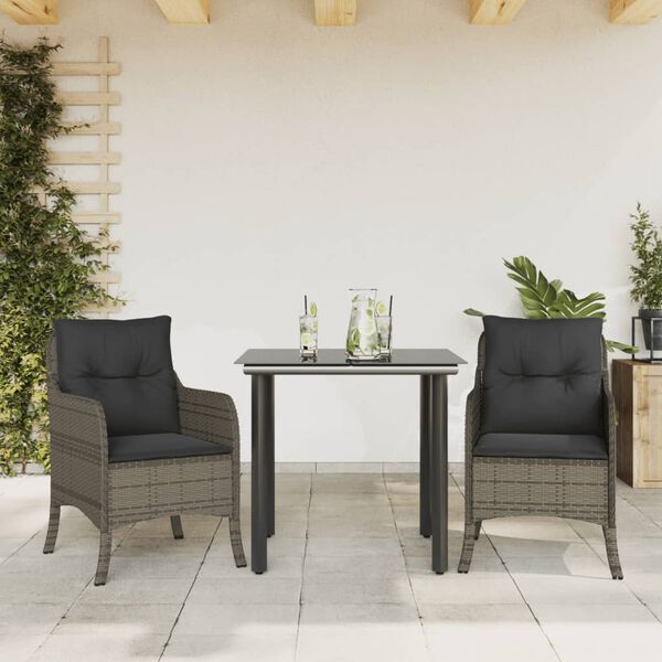 vidaXL 3-tlg. Garten-Essgruppe mit Kissen Grau Poly Rattan