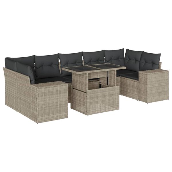 vidaXL 8-tlg. Garten-Sofagarnitur mit Kissen Hellgrau Poly Rattan