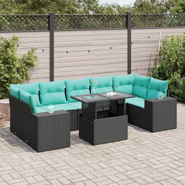 vidaXL 8-tlg. Garten-Sofagarnitur mit Kissen Schwarz Poly Rattan