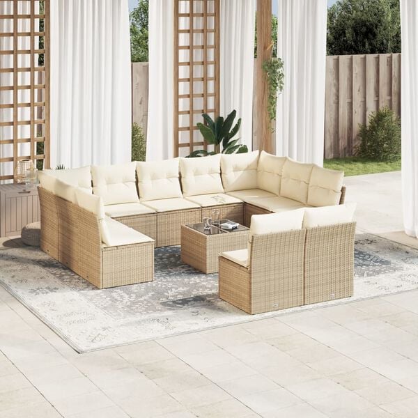 vidaXL 12-tlg. Garten-Sofagarnitur mit Kissen Beige Poly Rattan