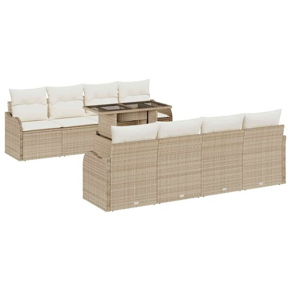 vidaXL Garten-Sofa-Set mit Kissen mit Speicher 9 pcs Beige Poly Rattan