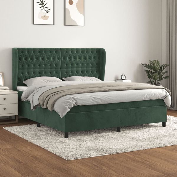 vidaXL Boxspringbett mit Matratze Dunkelgr&uuml;n 160x200 cm Samt
