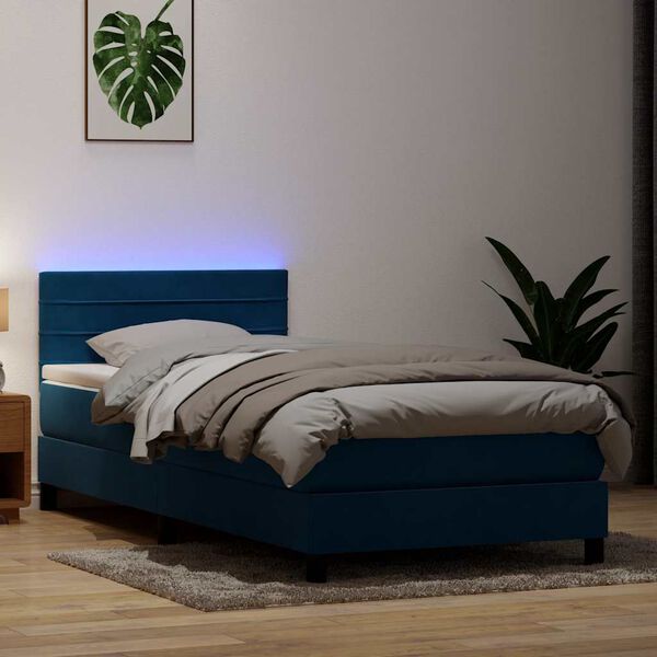 vidaXL Boxspringbett mit Matratze & LED Dunkelblau 100x220 cm Samt