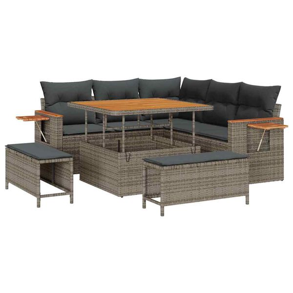 vidaXL Garten-Sofa-Set mit Kissen mit Speicher Grau Poly Rattan