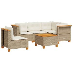 vidaXL 6-tlg. Garten-Sofagarnitur mit Kissen Beige Poly Rattan