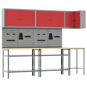 vidaXL Arbeitsschrankset mit Regal mit Speicher 10 Stk. Rot und Grau