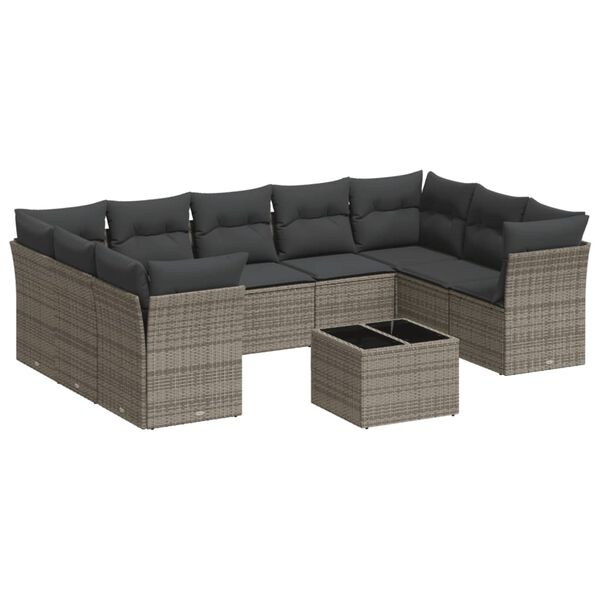 vidaXL 10-tlg. Garten-Sofagarnitur mit Kissen Grau Poly Rattan