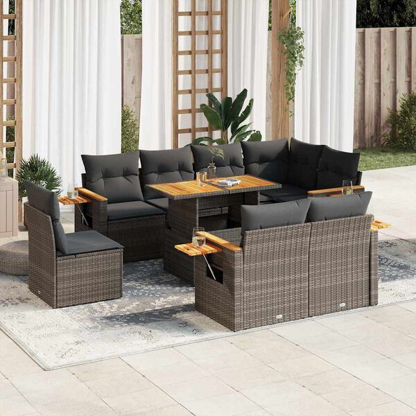 vidaXL 9-tlg. Garten-Sofagarnitur mit Kissen Grau Poly Rattan Akazie