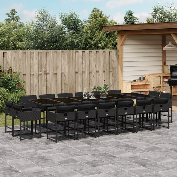vidaXL 17-tlg. Garten-Essgruppe mit Kissen Schwarz Poly Rattan