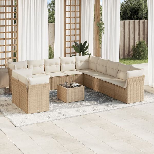 vidaXL 12-tlg. Garten-Sofagarnitur mit Kissen Beige Poly Rattan