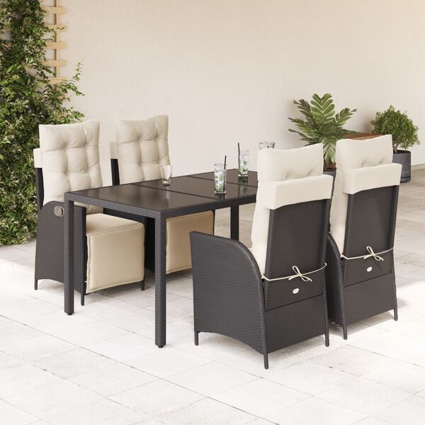 vidaXL 5-tlg. Garten-Essgruppe mit Kissen Schwarz Poly Rattan