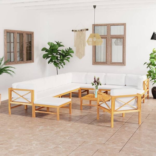vidaXL 12-tlg. Garten-Lounge-Set mit Creme Kissen Massivholz Teak