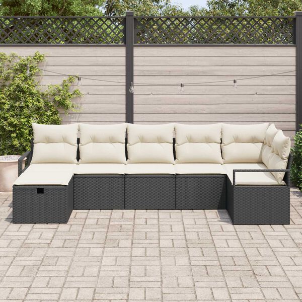 vidaXL Sofa Set mit Kissen 7 pcs Schwarz und Creme Poly-Rattan