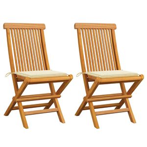 vidaXL Klappst&uuml;hle mit cremefarbenen Kissen, 2 St&uuml;ck, Massivholz Teakholz