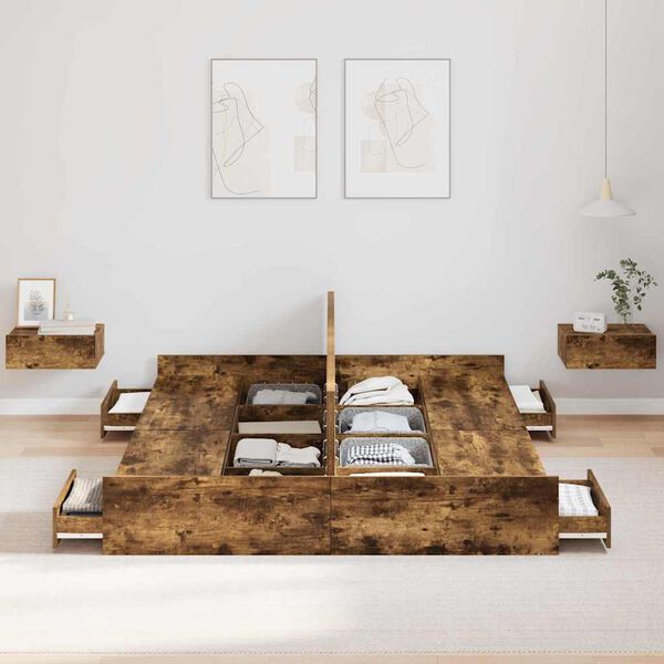 vidaXL Aufbewahrungsbettgestell Ger&auml;ucherte Eiche 140 x 200 cm