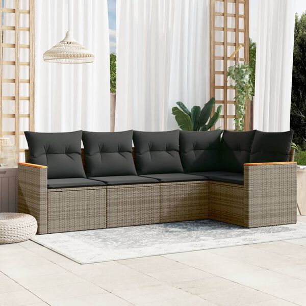 vidaXL 5-tlg. Garten-Sofagarnitur mit Kissen Grau Poly Rattan